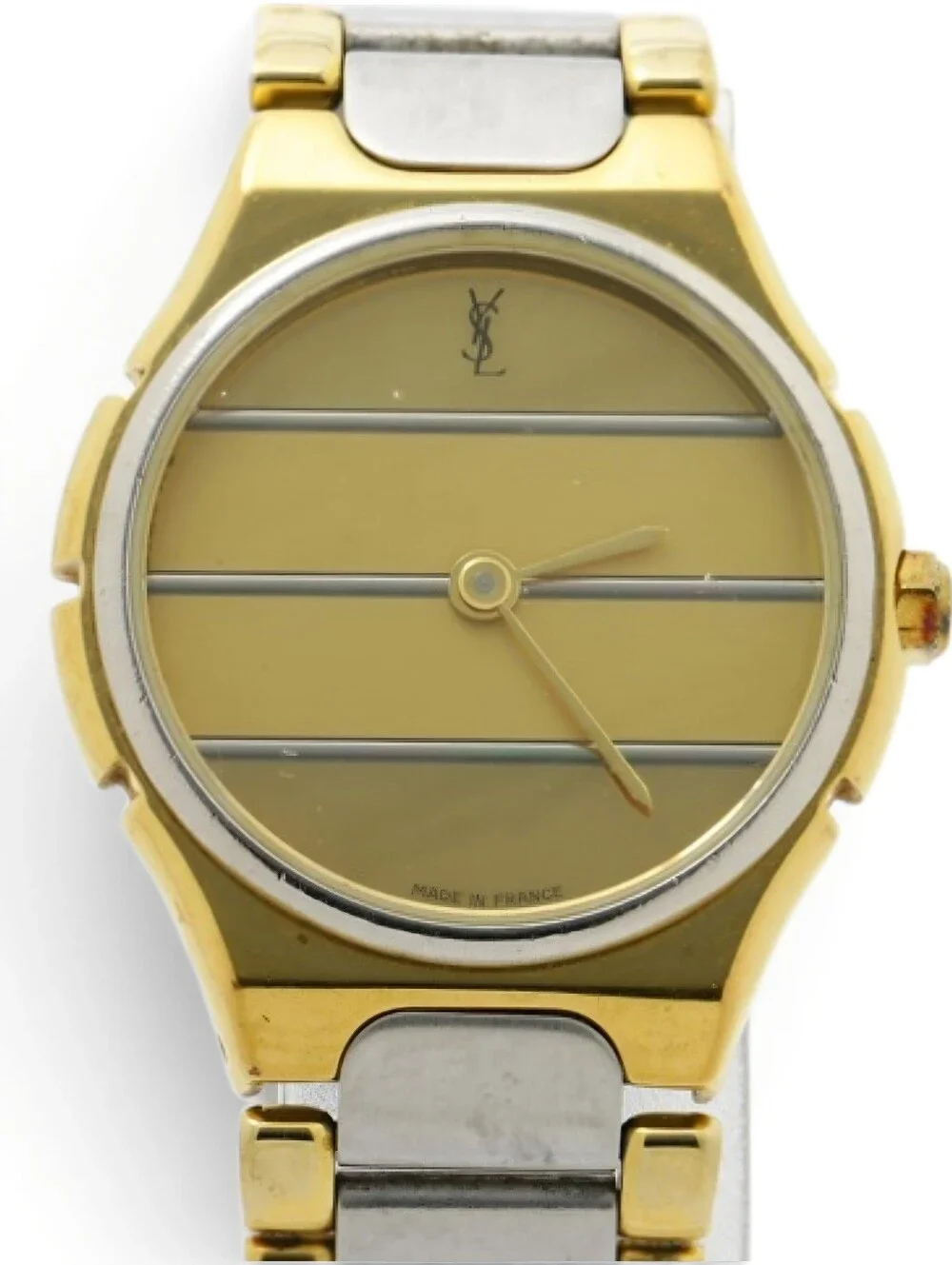 YSL Yves Saint Laurent Two-Tone Gold Silver Striped Dial Watch Womens Vintage